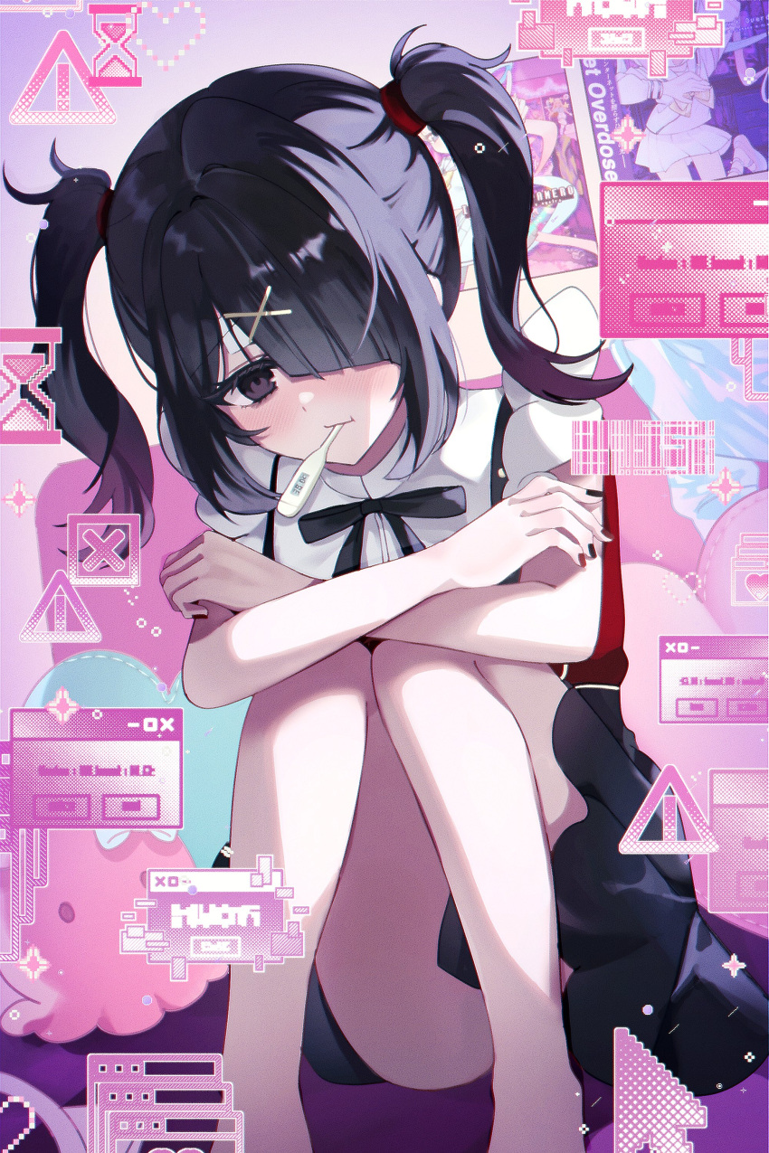 1girl absurdres ame-chan_(needy_girl_overdose) barefoot black_eyes black_hair black_nails black_ribbon black_skirt blush chouzetsusaikawa_tenshi-chan closed_mouth collar collared_shirt commentary crossed_arms hair_ornament hair_over_one_eye hair_tie hairclip highres knees_up long_hair looking_at_viewer moggom mouth_hold multicolored_nails neck_ribbon needy_girl_overdose poster_(object) red_nails red_shirt ribbon shirt shirt_tucked_in sitting skirt solo stuffed_animal stuffed_octopus stuffed_toy suspender_skirt suspenders symbol-only_commentary thermometer twintails white_collar window_(computing) x_hair_ornament