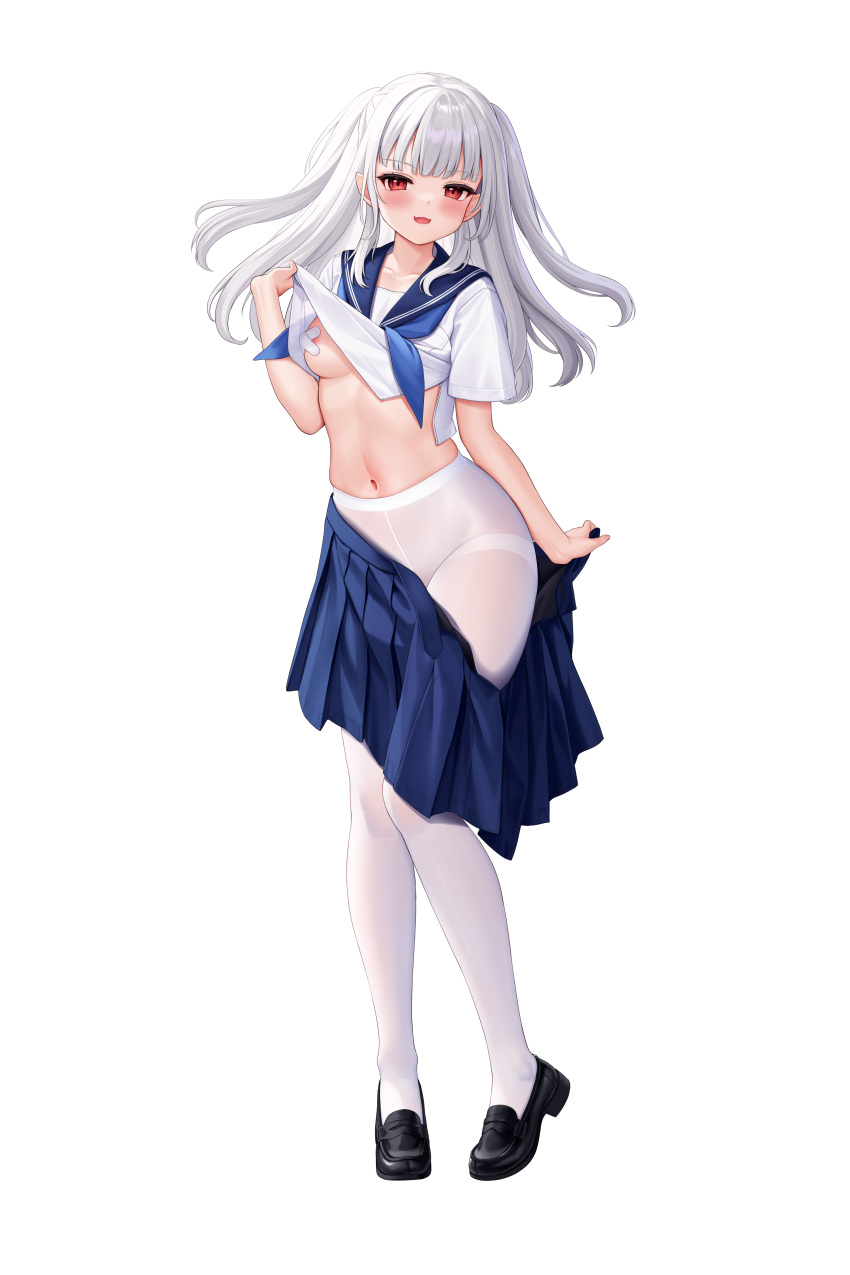 1girl :d absurdres allenes bandaid bandaids_on_nipples black_footwear blue_sailor_collar blue_skirt blush breasts clothes_lift clothes_pull collarbone commentary_request crossed_bandaids full_body grey_hair highres lifted_by_self loafers long_hair looking_at_viewer medium_breasts navel open_clothes open_skirt original pantyhose pasties pleated_skirt pointy_ears red_eyes sailor_collar school_uniform serafuku shirt shirt_lift shoes short_sleeves simple_background skirt skirt_pull smile solo standing thighband_pantyhose two_side_up white_background white_pantyhose white_shirt