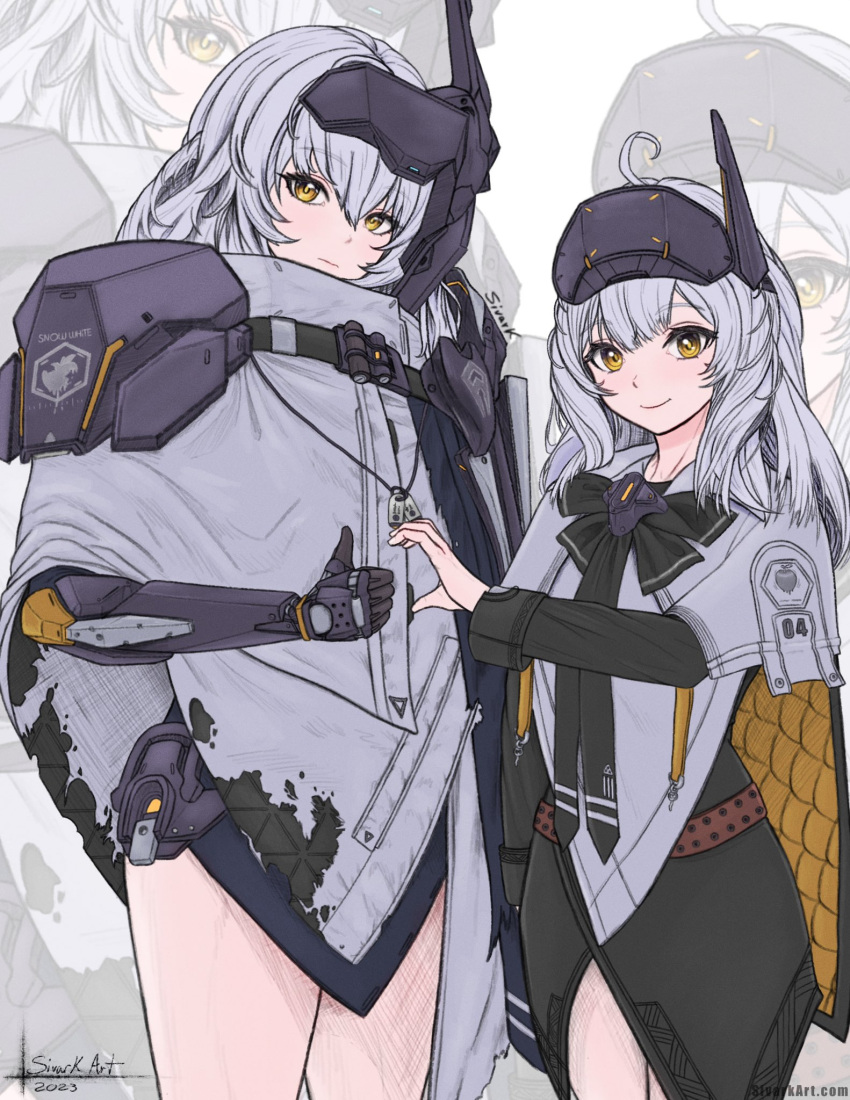 2girls aged_down armor cloak closed_mouth dog_tags dual_persona gloves goddess_of_victory:_nikke hair_between_eyes head-mounted_display headgear heart heart_hands heart_hands_duo heart_hands_failure highres long_hair long_sleeves looking_at_viewer mecha_musume mechanical_arms multiple_girls short_hair shoulder_armor single_mechanical_arm sivarkart smile snow_white:_innocent_days_(nikke) snow_white_(nikke) thumbs_up time_paradox visor_(armor) visor_lift white_cloak white_hair yellow_eyes