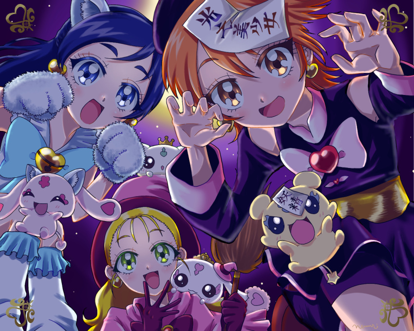 3girls :d animal_hands artist_name bell black_dress black_headwear blonde_hair blue_bow blue_eyes blue_hair boots bow brown_eyes brown_hair capelet claw_pose clothing_cutout commentary dress earrings futari_wa_precure futari_wa_precure_max_heart gloves halloween halloween_costume hat heart heart_earrings jewelry jiangshi_costume jingle_bell kujou_hikari long_hair long_sleeves looking_at_viewer lulun mepple mipple misumi_nagisa multiple_girls night ofuda ofutonnnineko outdoors paw_gloves pink_capelet pink_headwear porun precure purple_gloves short_dress short_hair shoulder_cutout signature smile white_dress white_footwear witch_hat yellow_eyes yukishiro_honoka