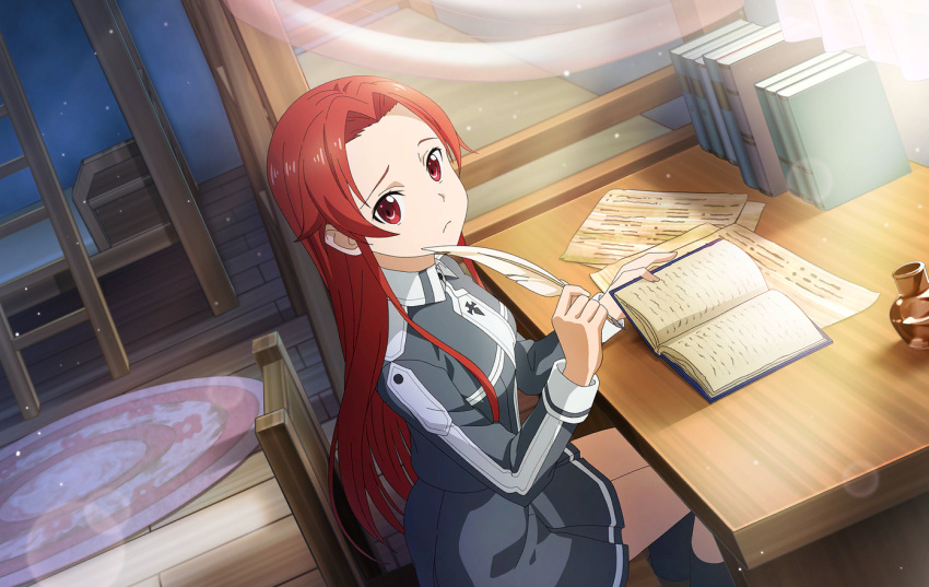 1girl book closed_mouth dutch_angle frown grey_jacket grey_skirt hair_intakes holding indoors jacket lens_flare long_hair long_sleeves miniskirt red_eyes red_hair school_uniform sitting skirt solo straight_hair sword_art_online sword_art_online:_alicization sword_mastery_academy_school_uniform tiese_schtrinen very_long_hair wing_collar wooden_floor