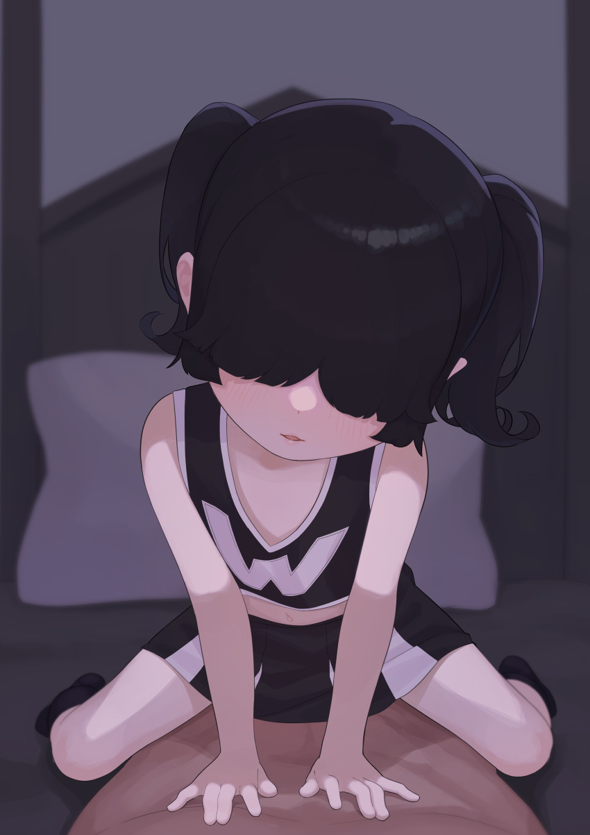 1boy 1girl :3 absurdres alternate_costume alternate_hairstyle arms_between_legs bed bedroom black_hair black_shirt black_skirt black_socks blunt_bangs blush cheerleader commentary_request dekasuji hair_over_eyes hands_on_another's_chest highres indoors looking_at_viewer lucy_loud multicolored_clothes multicolored_skirt no_shoes parted_lips pillow pleated_skirt pov shirt skirt sleeveless sleeveless_shirt socks straddling the_loud_house twintails variant_set white_skirt