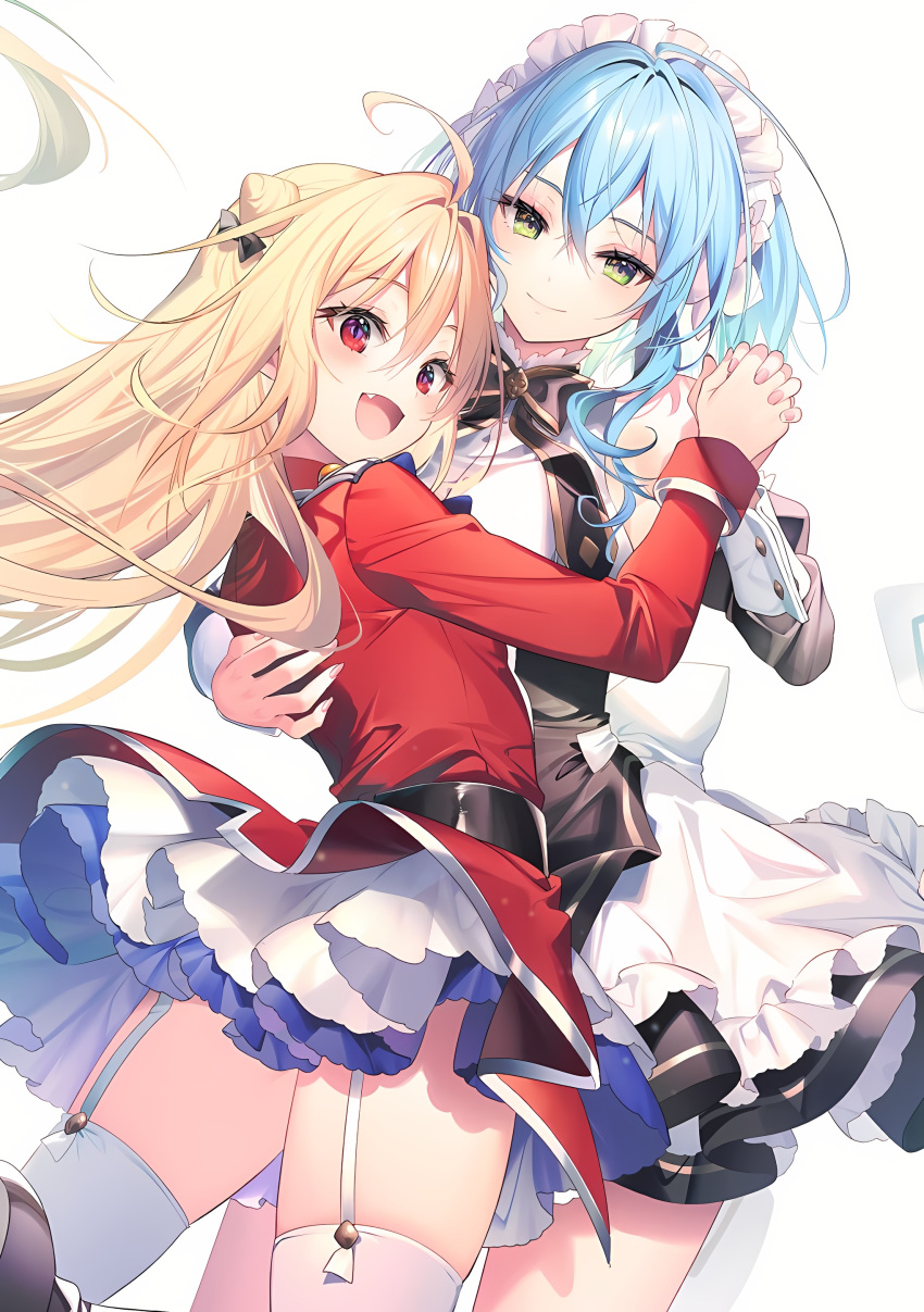 2girls absurdres blonde_hair blue_hair breasts fang green_eyes highres hikikomari_kyuuketsuki_no_monmon holding_hands huge_breasts long_hair looking_at_viewer maid md5_mismatch military military_uniform multiple_girls official_art open_mouth red_eyes resized resolution_mismatch riichu short_hair simple_background small_breasts smile source_smaller terakomari_gandezblood thighhighs uniform upscaled villhaze yuri