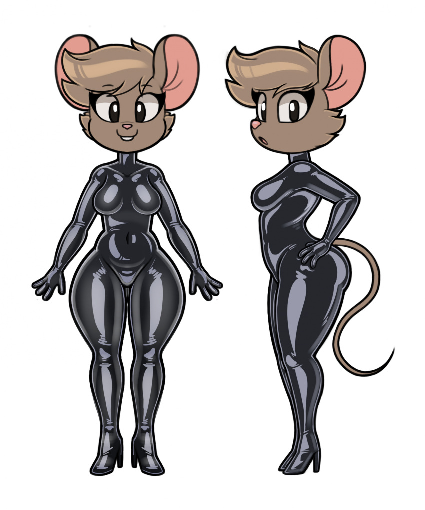 acstlu anita_squeek anthro big_ears brown_body brown_fur brown_hair clothing female footwear fur hair hand_on_hip hi_res high_heels looking_at_viewer mammal mouse murid murine open_mouth pink_nose rodent rubber rubber_clothing rubber_suit short_hair simple_background solo standing tail tight_clothing