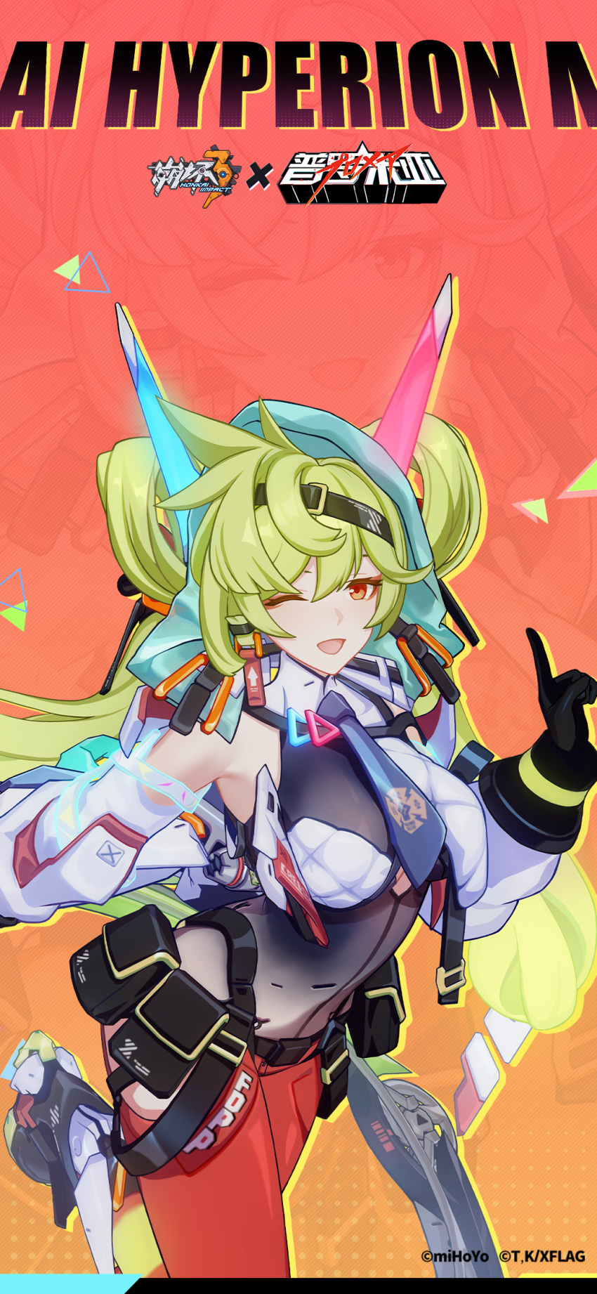 1girl black_gloves blue_necktie breasts chakram character_name collaboration copyright_name cosplay galo_thymos galo_thymos_(cosplay) gloves green_hair highres holding holding_weapon honkai_(series) honkai_impact_3rd large_breasts logo long_hair looking_at_viewer necktie official_art official_wallpaper one_eye_closed open_mouth pants promare red_pants solo twintails upper_body weapon white_sleeves zoom_layer