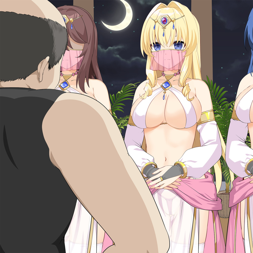 1boy 3girls bare_shoulders blonde_hair breasts bridal_gauntlets commentary_request crescent_moon dancer delores_(mvv) detached_sleeves diadem harem_outfit highres large_breasts long_bangs long_hair moon mouth_veil multiple_girls mvv navel night original plant sidelocks veil