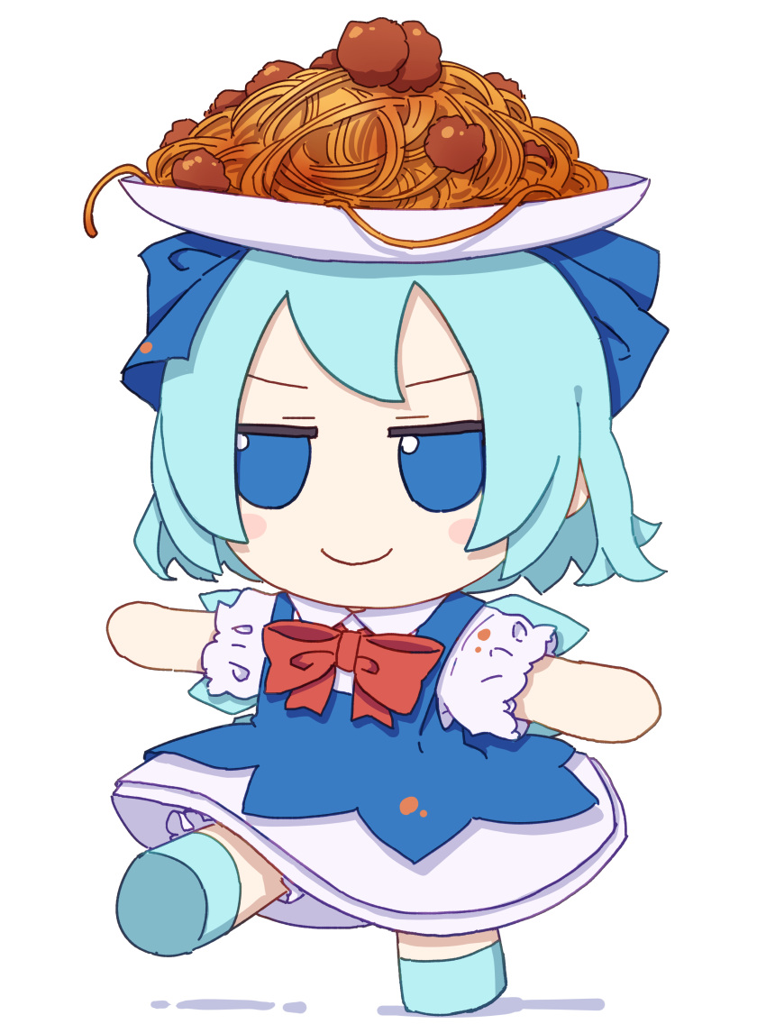 1girl absurdres blue_bow blue_dress blue_eyes blue_footwear blue_hair blush_stickers bow cirno closed_mouth collared_shirt dress fairy full_body fumo_(doll) hair_bow highres ice ice_wings kame_(kamepan44231) shirt shoes short_hair short_sleeves simple_background smile solo touhou white_background white_shirt wings