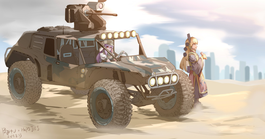2girls absurdres animal_ears battlefield_(series) blonde_hair car chinese_commentary cityscape commentary_request commission dated hat highres junko_(touhou) latv4_recon long_hair motor_vehicle multiple_girls open_mouth outdoors pixiv_commission purple_hair pzgr.40 rabbit_ears rabbit_girl reisen_udongein_inaba signature standing tabard touhou turret vehicle_focus