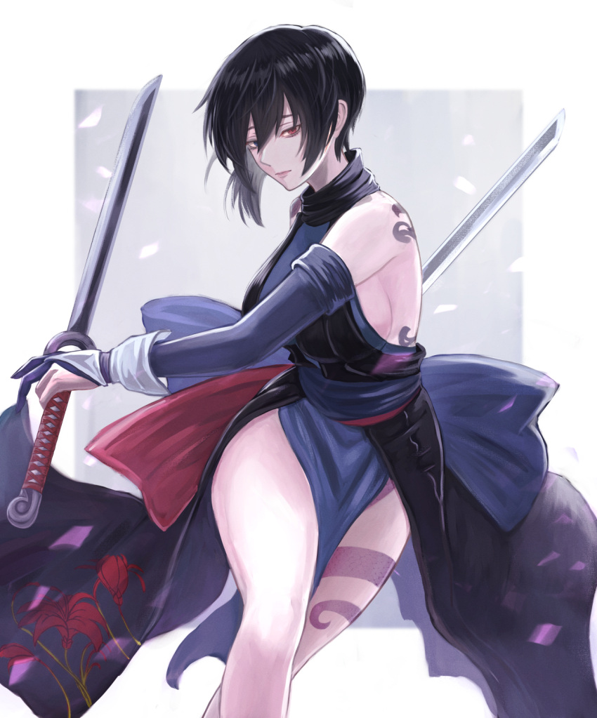 1girl akito1218 backless_kimono bare_shoulders blue_eyes blue_gloves blue_kimono border breasts closed_mouth cowboy_shot dual_wielding elbow_gloves gloves grey_background heterochromia highres holding holding_weapon japanese_clothes kimono leg_tattoo looking_at_viewer obi partially_fingerless_gloves petals red_eyes samurai_spirits sash shiki_(samurai_spirits) short_hair short_sword sideboob solo sword tantou tattoo weapon white_background white_border