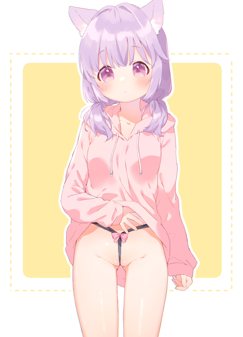 1girl animal_ear_fluff animal_ears ass_visible_through_thighs blush bow cat_ears clothes_lift cowboy_shot drawstring highres hood hoodie hoodie_lift lifted_by_self long_hoodie looking_at_viewer low_twintails medium_hair mutou_mato original parted_lips pink_bow pink_hoodie purple_eyes purple_hair pussy sleeves_past_wrists solo twintails two-tone_background wedgie