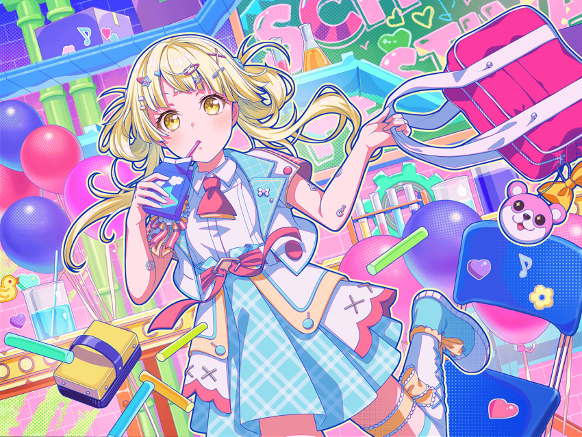 1girl award_ribbon bag balloon bang_dream! beaker belt blonde_hair board_eraser box cardboard_box chair collared_shirt conveyor_belt cropped_jacket drink drinking factory gears hair_ornament hair_rings hairclip halftone high-waist_skirt holding holding_drink juice_box lapel_pin leg_ribbon leg_up looking_at_viewer michelle_(bang_dream!) necktie official_art over-kneehighs ribbon school_bag shirt shoes skirt sneakers solo sticker thigh_ribbon thighhighs third-party_source twintails x_hair_ornament yellow_eyes