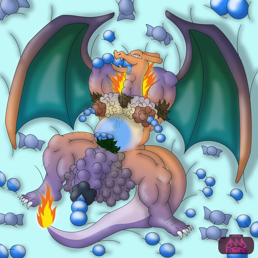 absurd_res anal_beads annaengine anthro armpit_hair ball_bulge balls bed belly belly_markings biceps big_balls big_penis bodily_fluids body_hair brown_nipples bulge candy charizard chest_hair chubby_male circumcised dessert digital_drawing_(artwork) digital_media_(artwork) dragon drooling facial_hair fangs feet fire food fur furniture generation_1_pokemon genitals gradient_body green_wings half-erect hands_behind_back hi_res humanoid humanoid_genitalia humanoid_penis looking_pleasured lying male markings membrane_(anatomy) multicolored_body muscular muscular_anthro muscular_male nintendo nipple_fetish nipple_penetration nipple_play nipples nude object_in_mouth on_back open_mouth orange_body pecs pectoral_bulge penetration penis pokemon pokemon_(species) pubes purple_body saliva scalie sex_toy shiny_pokemon signature simple_background slightly_chubby smile solo spiral_eyes stretched_urethra tail teeth two_tone_body unusual_bodily_fluids unusual_saliva urethral urethral_bulge urethral_penetration winged_humanoid wings
