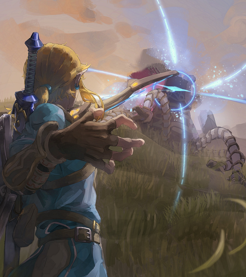 1boy battle blue_tunic bow_(weapon) earrings fingerless_gloves firing gloves guardian_(breath_of_the_wild) highres jewelry light_brown_hair link mazel pointy_ears short_ponytail sky sword sword_on_back the_legend_of_zelda the_legend_of_zelda:_breath_of_the_wild weapon weapon_on_back