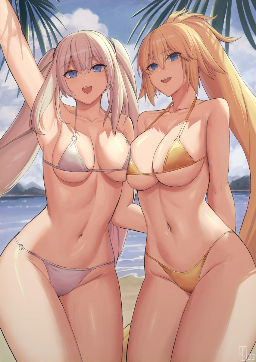 2girls :d absurdres alternate_costume arm_up armpits arms_behind_back beach bikini blonde_hair blue_eyes blue_sky breasts cloud collarbone day fate/grand_order fate_(series) gold_bikini high_ponytail highres jeanne_d'arc_(fate) jeanne_d'arc_(swimsuit_archer)_(fate) kakeku large_breasts long_hair marie_antoinette_(fate) marie_antoinette_(swimsuit_caster)_(fate) medium_breasts multiple_girls navel open_mouth outdoors sky smile stomach strap_gap swimsuit thighs twintails very_long_hair white_bikini white_hair