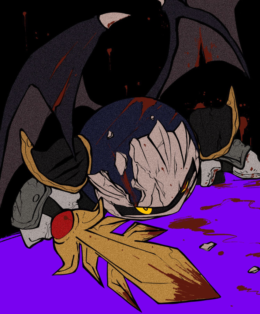 1boy 93nasu black_background blood broken_mask commentary_request highres holding holding_sword holding_weapon injury kirby_(series) male_focus mask meta_knight on_ground simple_background solo sword weapon wings yellow_eyes