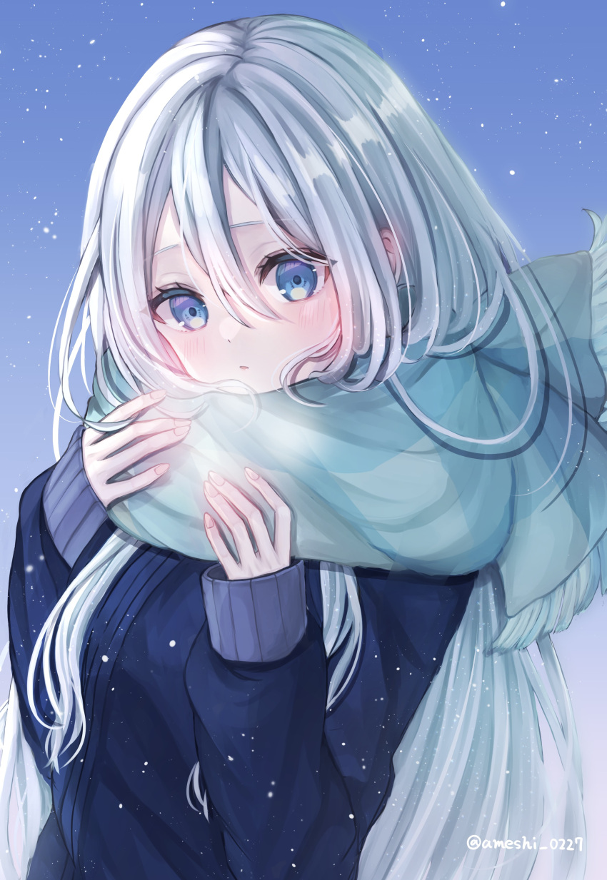 1girl 244224 absurdres blue_eyes blue_jacket blue_scarf breath day enpera grey_hair hair_between_eyes hands_up highres jacket long_hair long_sleeves outdoors parted_lips project_sekai scarf sleeves_past_wrists snowing solo twitter_username upper_body very_long_hair yoisaki_kanade