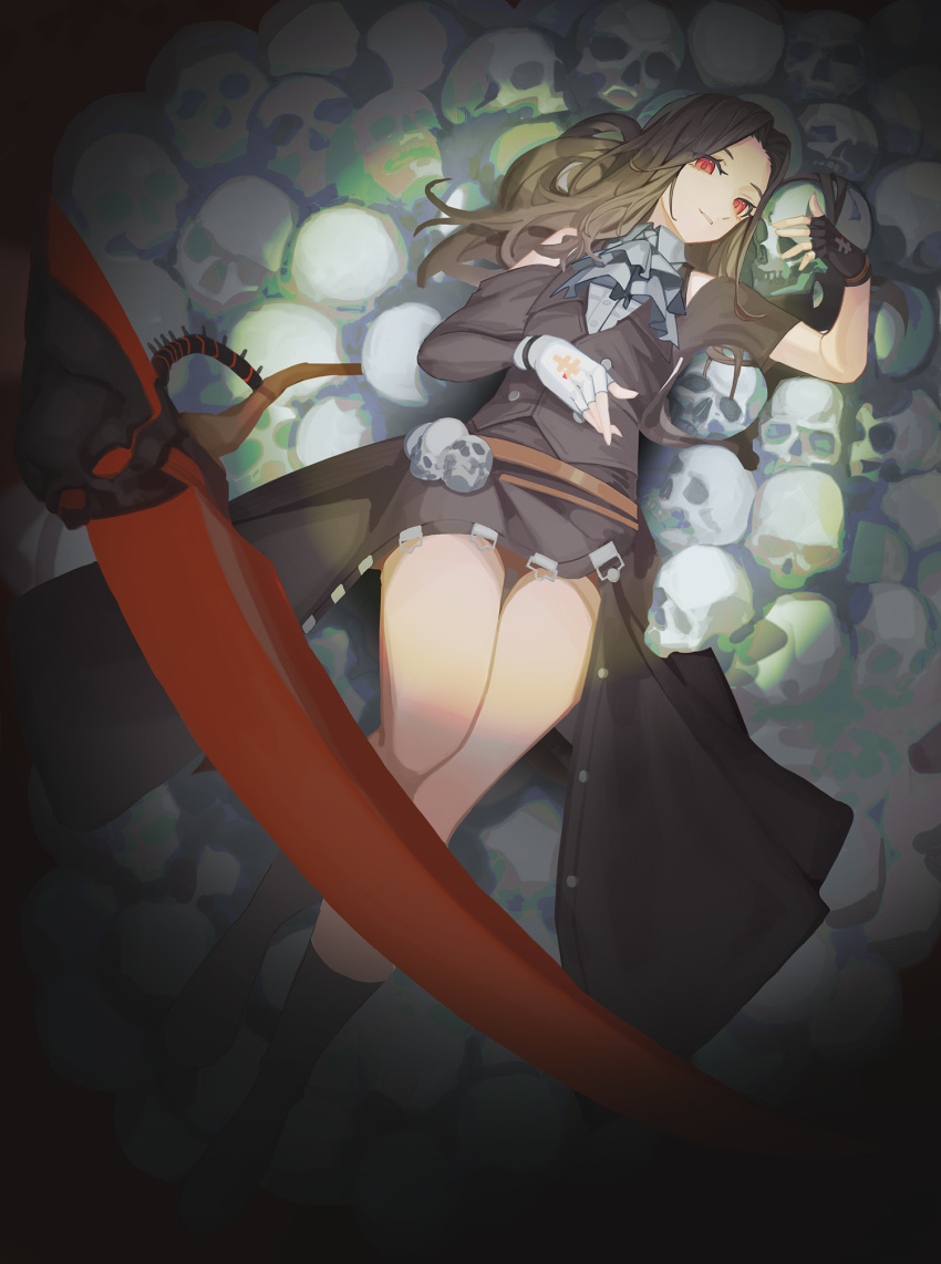 1other androgynous ascot asymmetrical_gloves asymmetrical_sleeves bare_shoulders black_gloves black_hair collar ddul_(hauluimubingoj1) fingerless_gloves gloves guilty_gear guilty_gear_strive highres long_hair looking_at_viewer lying on_back other_focus red_eyes scythe skull studded_collar testament_(guilty_gear) white_ascot white_gloves