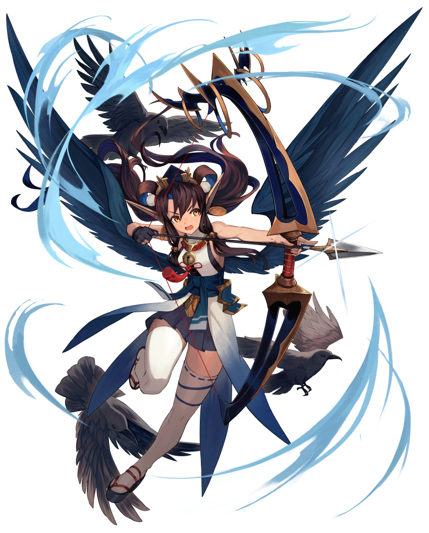 1girl absurdres animal arrow_(projectile) bell bird bow_(weapon) breasts brown_hair collar feathered_wings floating_hair full_body glint hair_rings hat highres holding holding_arrow holding_bow_(weapon) holding_weapon japanese_clothes large_wings long_hair long_pointy_ears neck_bell obi open_mouth original parted_bangs pleated_skirt pointy_ears sandals sash shirt sideboob skirt sleeveless sleeveless_shirt solo standing standing_on_one_leg teo_(telo_ruka) thighhighs twintails v-shaped_eyebrows very_long_hair weapon wings yellow_eyes