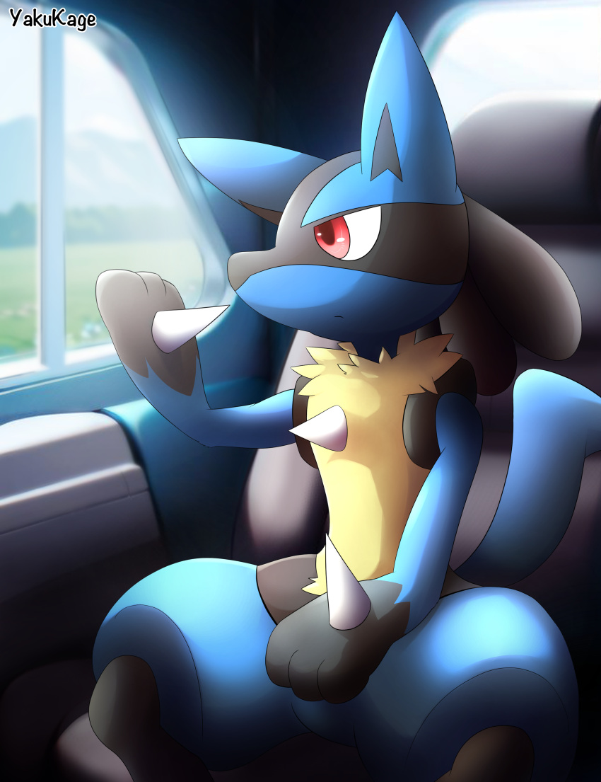 absurd_res black_body black_fur blue_body blue_ears blue_fur blue_tail car car_door car_seat car_window detailed_background feral fur generation_4_pokemon hi_res landscape lucario male nintendo pokemon pokemon_(species) red_eyes simple_background sky solo tail text vehicle window yakukage yellow_body yellow_fur