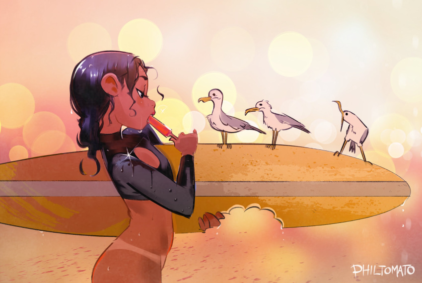 1girl artist_name bird bite_mark black_hair bottomless dark_skin day dripping food highres medium_hair ocean original outdoors philtomato popsicle seagull sunlight surfboard water wet