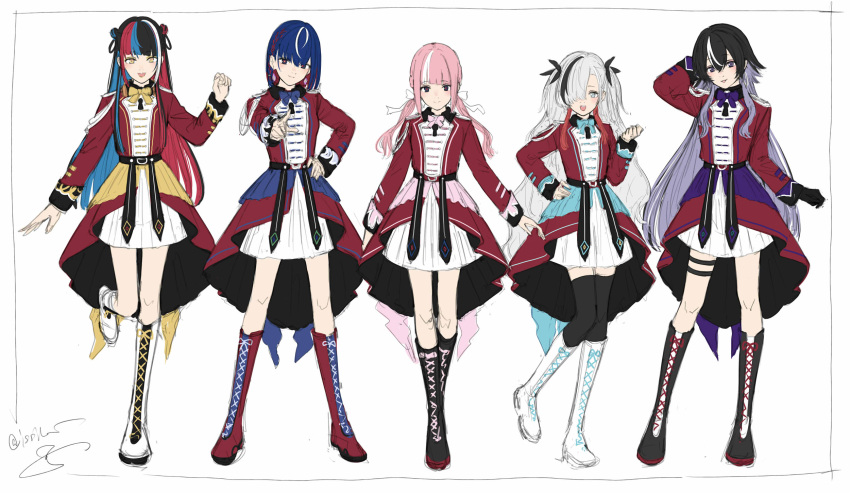 5girls aiguillette alternate_costume aqua_bow aqua_bowtie arm_behind_head band_uniform belt black_belt black_gloves black_hair black_thighhighs blue_bow blue_bowtie blue_eyes blue_hair blunt_bangs boots border bow bowtie collared_jacket colored_inner_hair commentary cross-laced_footwear earrings epaulettes full_body gloves grey_eyes hair_over_one_eye hair_ribbon hand_on_own_hip harusaruhi head_tilt highres hoop_earrings isekai_joucho isshiki_(ffmania7) jacket jewelry kaf_(kamitsubaki_studio) kamitsubaki_studio keyhole knee_boots koko_(kamitsubaki_studio) lineup long_hair long_sleeves looking_at_viewer low_twintails matching_outfit multicolored_eyes multicolored_hair multiple_girls open_mouth pink_bow pink_bowtie pink_hair pleated_skirt pointing pointing_at_viewer purple_bow purple_bowtie purple_eyes purple_hair red_eyes red_hair red_jacket ribbon rim_(kamitsubaki_studio) short_hair sidelocks simple_background sketch skirt sleeve_cuffs smile standing standing_on_one_leg streaked_hair symbol-only_commentary thigh_strap thighhighs tongue tongue_out twintails two_side_up virtual_youtuber white_background white_hair white_ribbon white_skirt yellow_bow yellow_bowtie yellow_eyes yellow_pupils