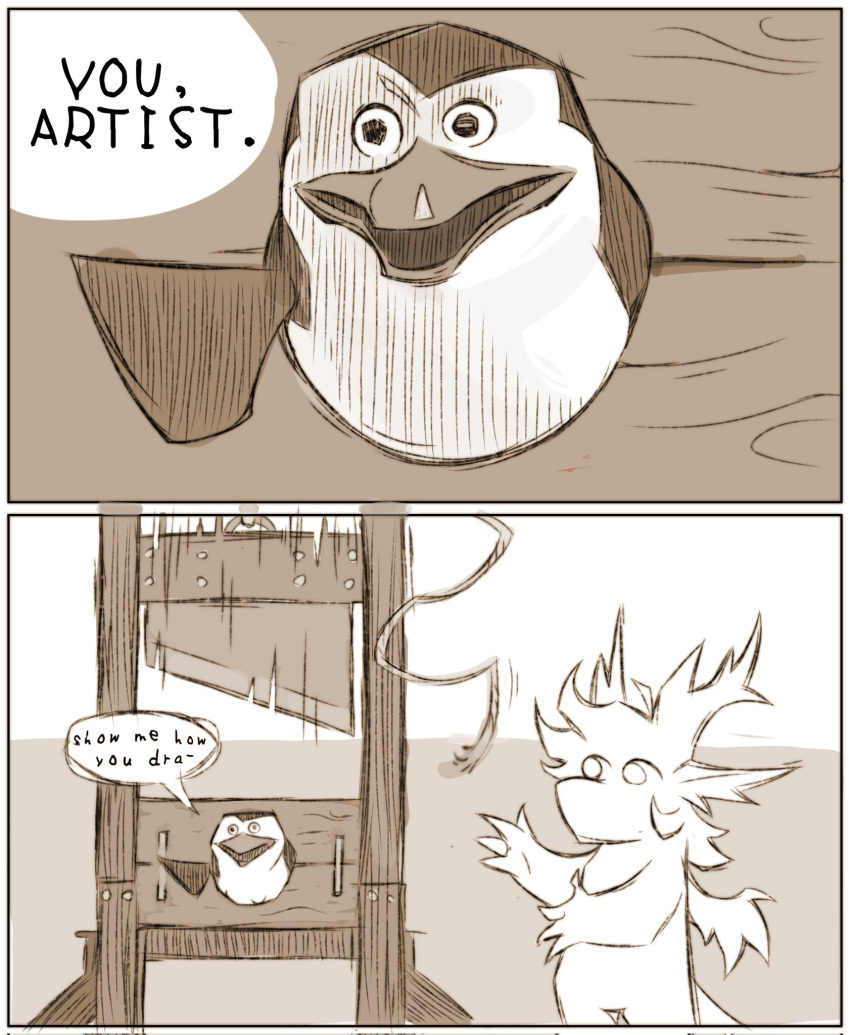 anthro avian beak bird comic dragon dreamworks duo fan_character gesture guillotine hi_res hole_in_wall madagascar_(series) male meme obsiangravel open_mouth penguin pointing pointing_at_viewer skipper_(madagascar) text the_penguins_of_madagascar through_wall wall_(structure) wings you_higher_mammal