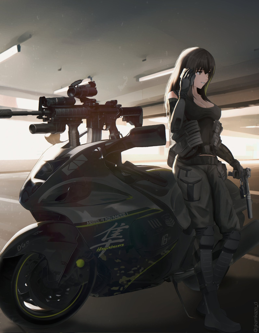 1girl alternate_costume assault_rifle boots breasts brown_eyes cleavage commission dgkamikaze girls'_frontline glock gun handgun highres long_hair m4_carbine m4a1_(girls'_frontline) magazine_(weapon) medium_breasts motor_vehicle motorcycle multicolored_hair pants rifle scope suppressor weapon