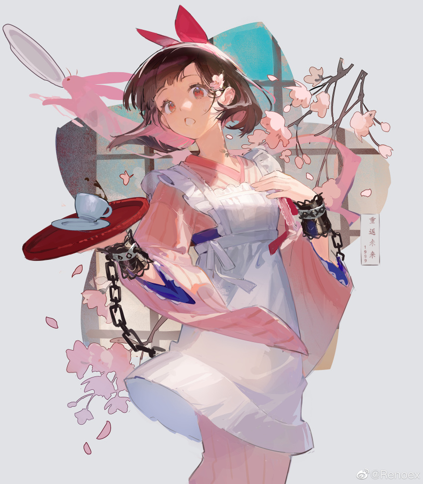 1girl :o absurdres apron blunt_bangs bob_cut bow branch brown_hair chain cherry_blossoms copyright_name cuffs cup falling_petals feet_out_of_frame flower frilled_apron frills grey_background hair_bow hair_flower hair_ornament hand_on_own_chest hands_up head_tilt highres holding holding_tray japanese_clothes kimono long_sleeves looking_at_viewer petals pink_eyes pink_kimono plate rabbit red_bow renoex reverse:1999 satsuki_(reverse:1999) short_hair solo striped striped_kimono tray vertical-striped_kimono vertical_stripes weibo_logo weibo_username white_apron wide_sleeves wrist_cuffs