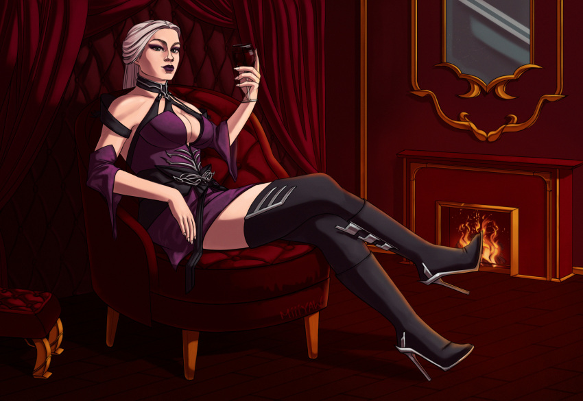 1girl asymmetrical_clothes bare_shoulders black_hair boots breasts center_opening chair cleavage closed_mouth collar crossed_legs cup curtains detached_sleeves dress drinking_glass eyeshadow fireplace full_body glass high_heel_boots high_heels highres large_breasts long_hair looking_at_viewer makeup mirror mortal_kombat_(series) mortal_kombat_11 multicolored_hair purple_dress purple_eyeshadow purple_lips red_wine revealing_clothes sindel sitting solo thighhighs two-tone_hair white_thighhighs wine_glass