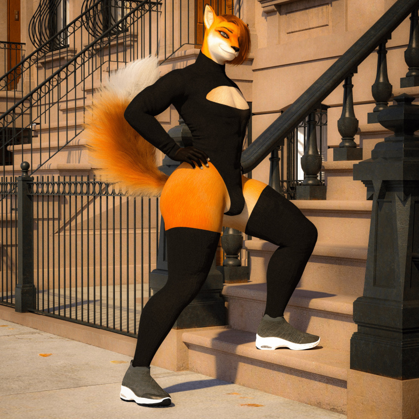 3d_(artwork) anthro black_clothing bludergat99 bodysuit bulge canid canine clothing digital_media_(artwork) fox hi_res legwear mac_(bludergat99) male mammal outside skinsuit solo stockings tight_clothing