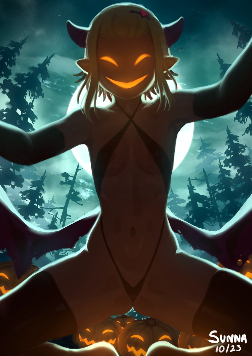 1girl areola_slip artist_name ass_visible_through_thighs bare_shoulders bat_wings black_gloves black_thighhighs blonde_hair blunt_bangs breasts commentary criss-cross_halter dated day elbow_gloves elf english_commentary full_moon gloves hair_ornament hairclip halloween halterneck highres horns jack-o'-lantern looking_at_viewer low_wings moon navel nil_sunna original outdoors pointy_ears short_hair slingshot_swimsuit small_breasts solo stomach sunna_(nilsunna) swimsuit thighhighs tree wings