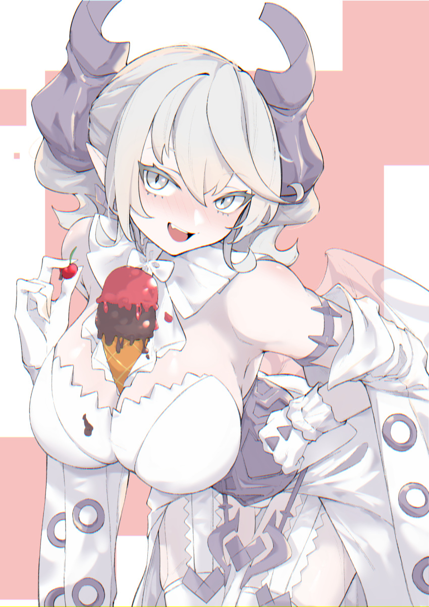 1girl blush breasts cleavage demon_girl demon_horns demon_wings dress duel_monster food gloves grey_eyes grey_hair highres horns ice large_breasts leotard leotard_under_clothes looking_at_viewer lovely_labrynth_of_the_silver_castle low_wings multiple_wings open_mouth pointy_ears solo spread_cleavage transparent_wings twintails wan_ban white_horns wings yu-gi-oh!