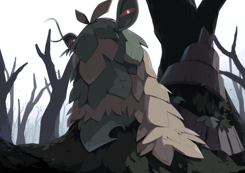 absurdres bare_tree bright_pupils commentary_request from_below half-closed_eyes highres kura_(shironagasu02) looking_at_viewer looking_down no_humans orange_eyes pokemon pokemon_(creature) solo tree white_pupils wo-chien