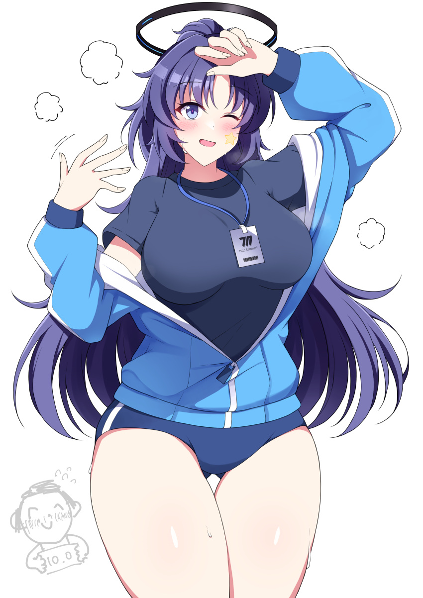 1girl absurdres arona's_sensei_doodle_(blue_archive) ass_visible_through_thighs black_shirt blue_archive blue_buruma blue_jacket breasts buruma commentary_request gym_uniform halo highres id_card jacket large_breasts long_hair medium_breasts official_alternate_costume official_alternate_hairstyle one_eye_closed partially_unzipped ponytail purple_eyes purple_hair sensei_(blue_archive) shirt short_sleeves star_sticker sticker_on_face sukeberosu sweat track_jacket very_long_hair yuuka_(blue_archive) yuuka_(track)_(blue_archive)