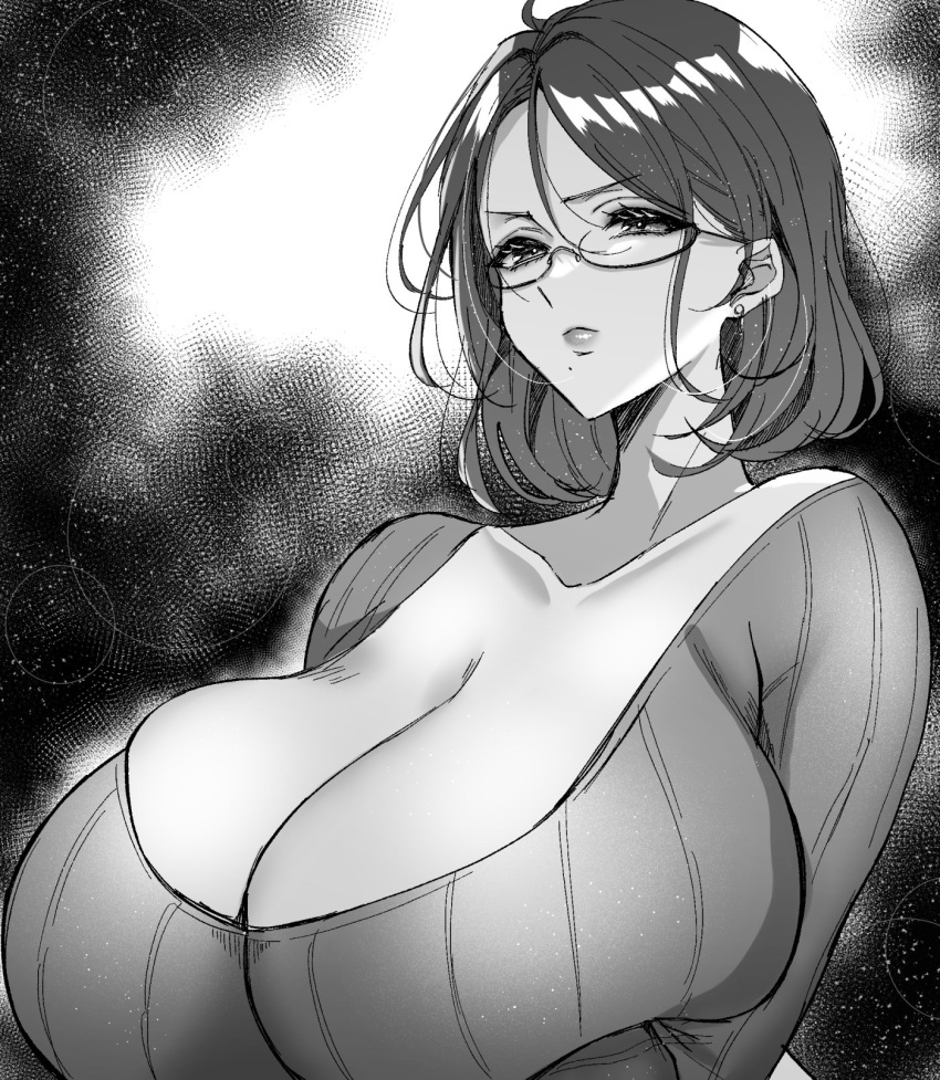 1girl aizawa_chihiro breasts cleavage closed_mouth collarbone earrings glasses greyscale hair_between_eyes highres huge_breasts jewelry low_neckline mole mole_under_mouth monochrome original ribbed_sweater short_hair solo sweater upper_body