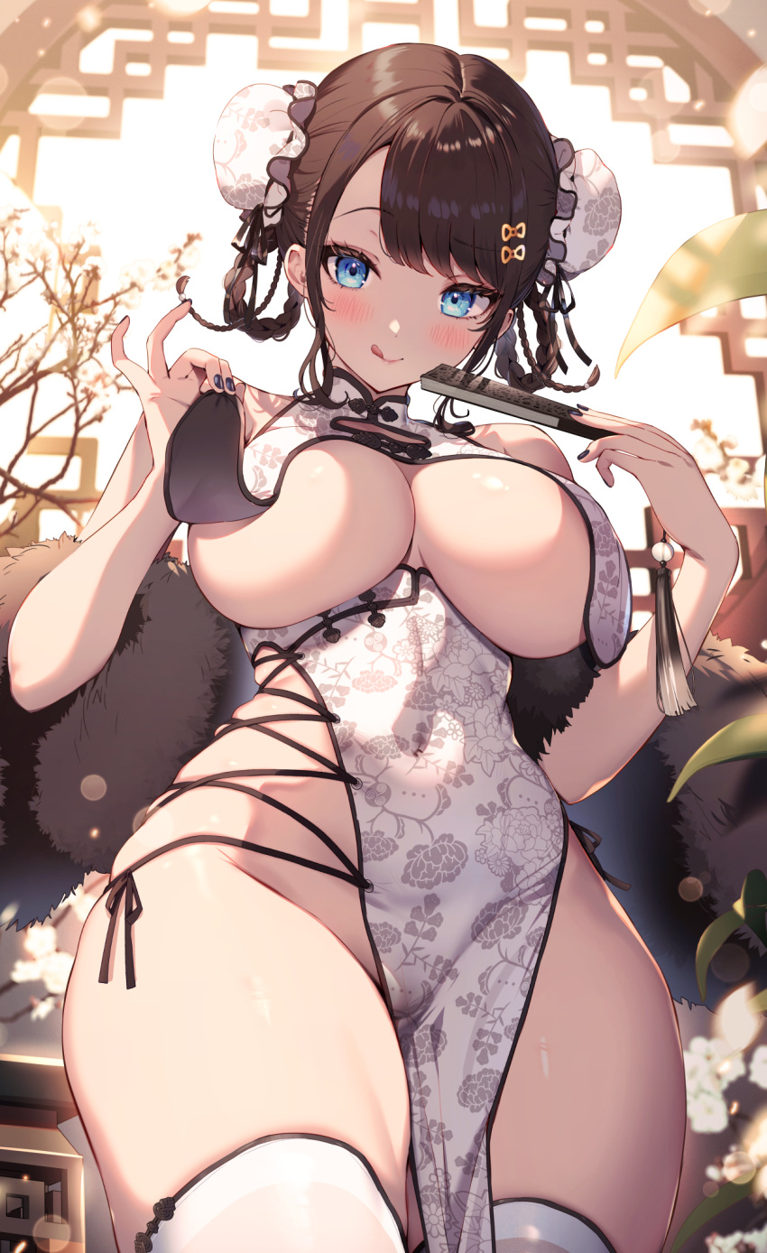 1girl bare_shoulders black_nails black_trim blush braided_hair_rings breast_curtains breasts brown_hair bun_cover china_dress chinese_clothes commentary_request covered_navel double_bun dress feather_boa floral_print folding_fan hair_bun halloween hand_fan highres holding holding_fan kat_(bu-kunn) large_breasts licking_lips looking_at_viewer original paid_reward_available pelvic_curtain side-tie_dress solo tassel thighhighs tongue tongue_out white_dress white_thighhighs wide_hips