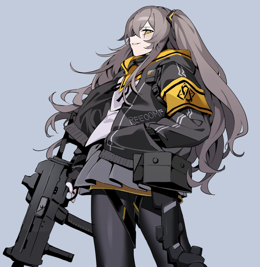 1girl armband fingerless_gloves girls'_frontline gloves grey_background gun hair_between_eyes hand_in_pocket highres holding holding_gun holding_weapon hood hood_down hooded_jacket jacket long_hair looking_at_viewer manarou one_side_up open_clothes open_jacket orange_eyes pantyhose pleated_skirt scar scar_across_eye scar_on_face simple_background skirt solo submachine_gun ump45_(girls'_frontline) weapon
