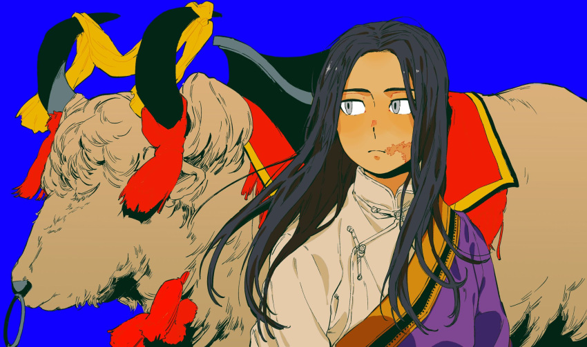 black_hair blue_background burn_scar grey_eyes highres horns long_hair nanimonothing original scar tibet tibetan_clothes traditional_clothes tunic yak