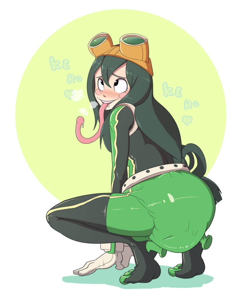 &lt;3 amphibian amphibian_humanoid animal_humanoid asui_tsuyu bangs black_eyes black_hair blush bodily_fluids bodysuit breasts breath_cloud cheek_spots clothed clothing crouching diaper diaper_bulge diaper_under_clothing drooling eyewear eyewear_on_head feces female frog_humanoid fully_clothed gloves goggles goggles_on_head green_clothing hair hair_loop handwear hi_res humanoid long_hair long_tongue looking_pleasured messing messy_diaper my_hero_academia onomatopoeia pieceofsoap pooping saliva shadow simple_background skinsuit smile soiled_diaper soiling solo sound_effects text tight_clothing tippy_toes tongue tongue_out