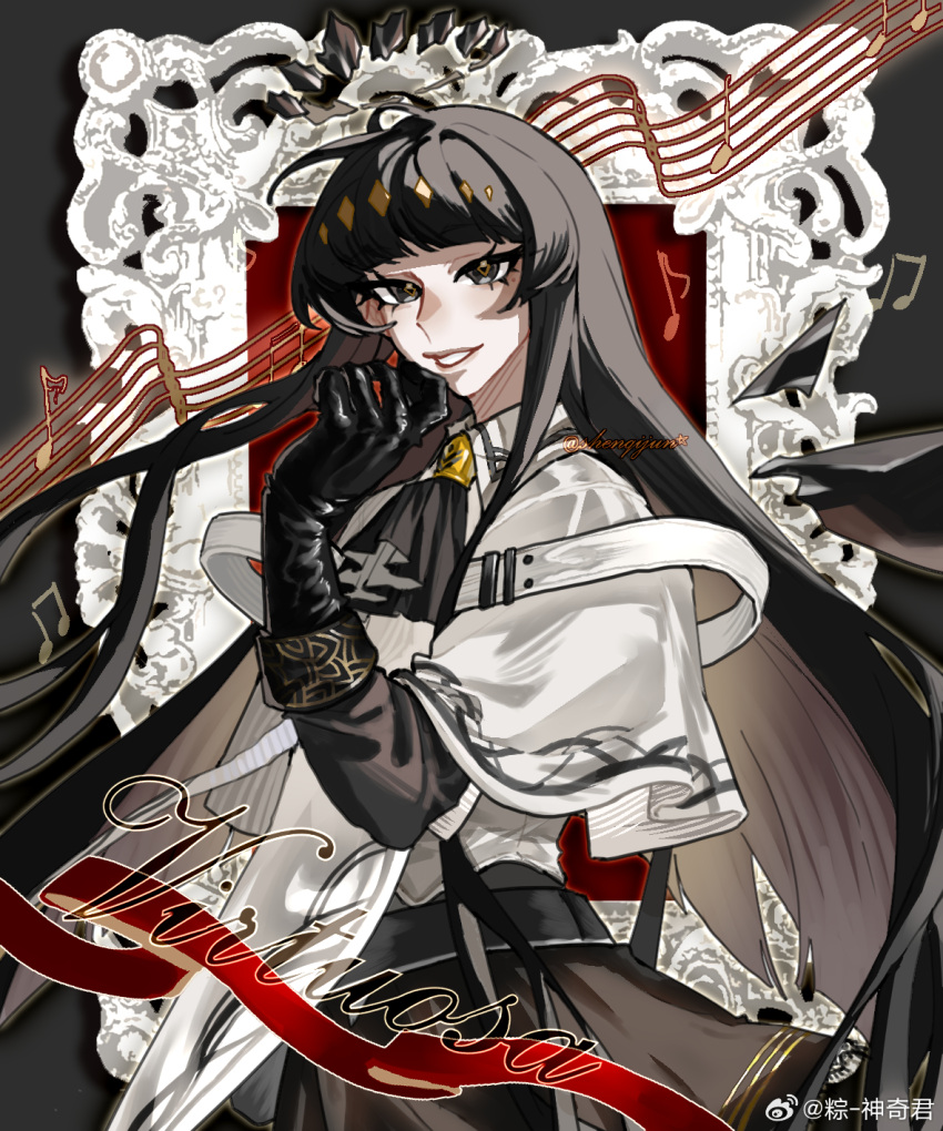 1girl antenna_hair arknights artist_name ascot belt belt_buckle black_ascot black_belt black_eyes black_gloves black_hair black_halo black_outline black_skirt black_sleeves black_wings blunt_bangs broken_halo buckle character_name chinese_commentary chinese_text collared_jacket colored_inner_hair commentary_request cowboy_shot dark_halo detached_wings empty_picture_frame energy_wings eyelashes floating_hair from_side gloves grey_background grey_hair grey_shirt halo hand_on_own_face hand_to_own_mouth hand_up highres hime_cut jacket layered_sleeves lips long_hair long_sleeves looking_at_viewer looking_to_the_side miniskirt mole mole_under_eye multicolored_hair musical_note open_mouth outer_glow outline pale_skin picture_frame pleated_skirt shadow shirt short_over_long_sleeves short_sleeved_jacket short_sleeves sidelocks signature skirt smile solo staff_(music) standing teeth two-tone_hair variant_set very_long_hair virtuosa_(arknights) watermark weibo_6101652766 weibo_logo weibo_username white_belt white_jacket wide_sleeves wing_collar wings yellow_pupils