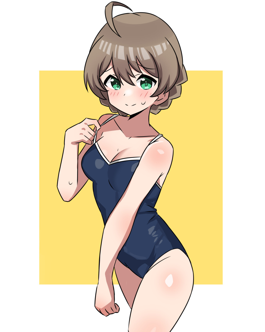 1girl absurdres ahoge bare_shoulders blue_one-piece_swimsuit blush border braid breasts brown_hair cleavage closed_mouth collarbone cowboy_shot dot_nose green_eyes hair_between_eyes hand_up highres idolmaster idolmaster_million_live! idolmaster_million_live!_theater_days large_breasts light_brown_hair looking_at_viewer one-piece_swimsuit outside_border sakuramori_kaori short_hair shy simple_background smile solo standing strap_pull sweatdrop swimsuit white_border yellow_background zaza_(zahaoming)