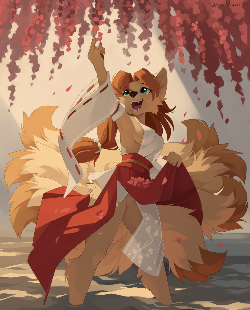 2022 9_tails absurd_res anthro breasts canid canine clothed clothing digital_media_(artwork) dream_weaver_pony eyebrows eyelashes female fingers fluffy fluffy_tail fox fox_spirit genitals hair hi_res mammal multi_tail no_underwear open_mouth pussy sakura solo tail teeth tongue