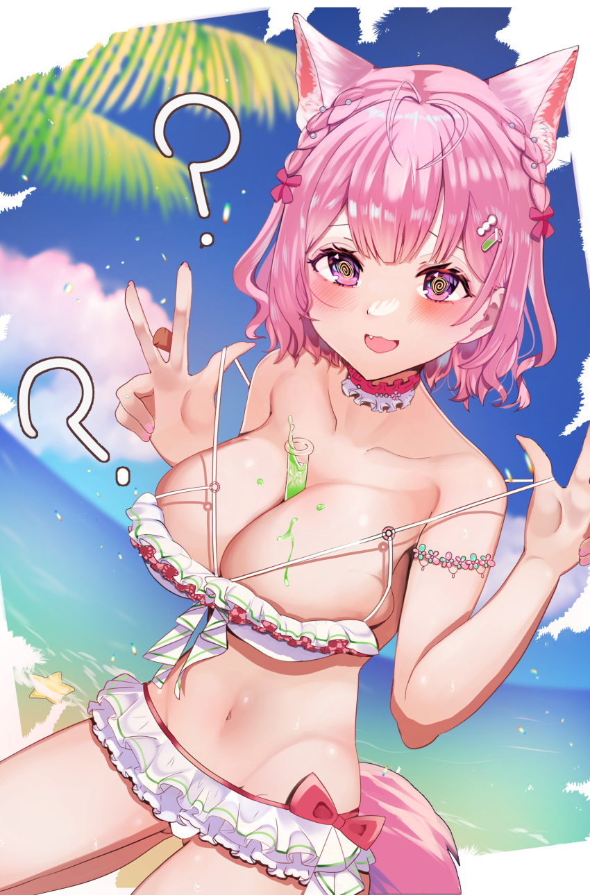 1girl :3 ? @_@ absurdres animal_ears antenna_hair armlet between_breasts bikini blue_sky blush bow braid breasts choker cleavage cloud cloudy_sky collarbone day double_w elroud0050 fang fingernails flower_choker frilled_bikini frilled_choker frills hair_bow hakui_koyori highres hip_bones hololive large_breasts long_fingernails looking_at_viewer medium_hair nail_polish navel object_on_breast ocean open_mouth outdoors palm_tree pearl_choker pink_clouds pink_eyes pink_hair pink_nails red_choker seiza sitting sky smile solo starfish stomach strap_pull swimsuit tail test_tube thighs tree two-tone_choker virtual_youtuber w water white_bikini white_choker wolf_ears wolf_girl wolf_tail