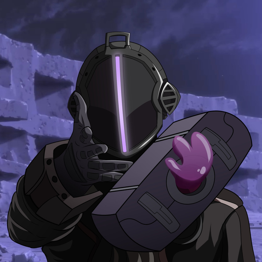 1boy black_coat black_gloves bondrewd cartridge_(made_in_abyss) coat covered_face eminem_throwing_a_fat_rat_(meme) gloves helm helmet highres long_sleeves made_in_abyss male_focus meme smugbuns solo upper_body