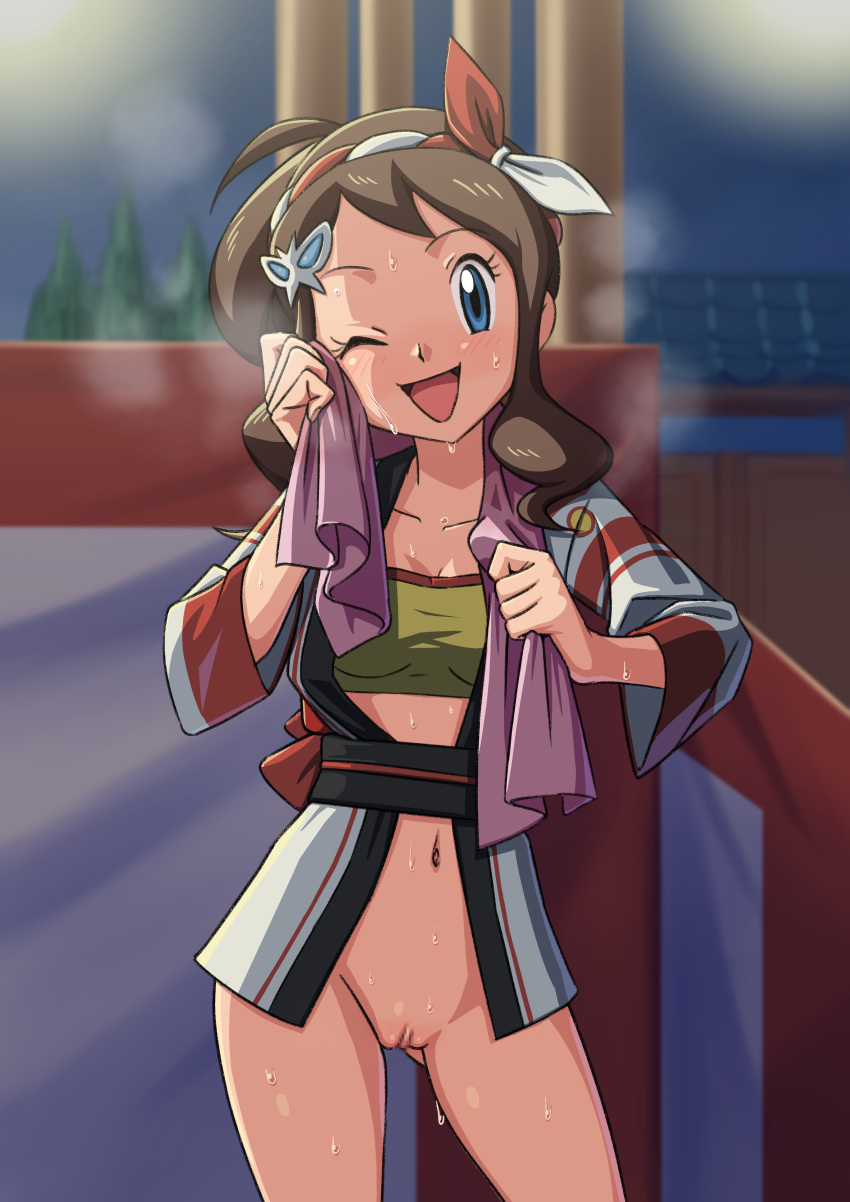 1girl :d absurdres bandeau blue_eyes blush bow breasts brown_hair censored cleavage collarbone commentary_request cowboy_shot eyelashes hairband highres hilda_(pokemon) hilda_(summer_2022)_(pokemon) holding holding_towel jacket looking_at_viewer miraa_(chikurin) mosaic_censoring navel night official_alternate_costume open_clothes open_jacket open_mouth outdoors pokemon pokemon_(game) pokemon_masters_ex pussy sash sidelocks smile solo steaming_body sweat tongue towel towel_around_neck