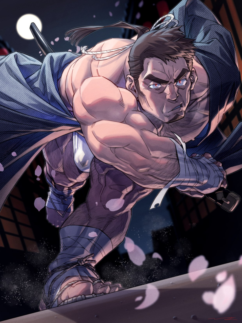 1boy arm_hair back bandaged_arm bandaged_foot bandaged_leg bandages bara bare_pectorals breath brown_hair bulge cherry_blossoms chest_hair drawing_sword facial_hair fighting_stance foreshortening from_below frown full_moon fundoshi glowing glowing_eyes goatee grey_kimono hadanugi_dousa hairy highres hima_(nichikan) holding holding_sword holding_weapon japanese_clothes katana kimono large_pectorals leaning_forward leg_hair long_hair long_sideburns male_focus male_underwear male_underwear_peek mature_male moon muscular muscular_male night night_sky nipples old old_man open_clothes open_kimono original pectorals perspective ponytail puckered_lips ronin samurai sheath sideburns sky solo sword thick_eyebrows thighs underwear veins veiny_arms weapon white_male_underwear