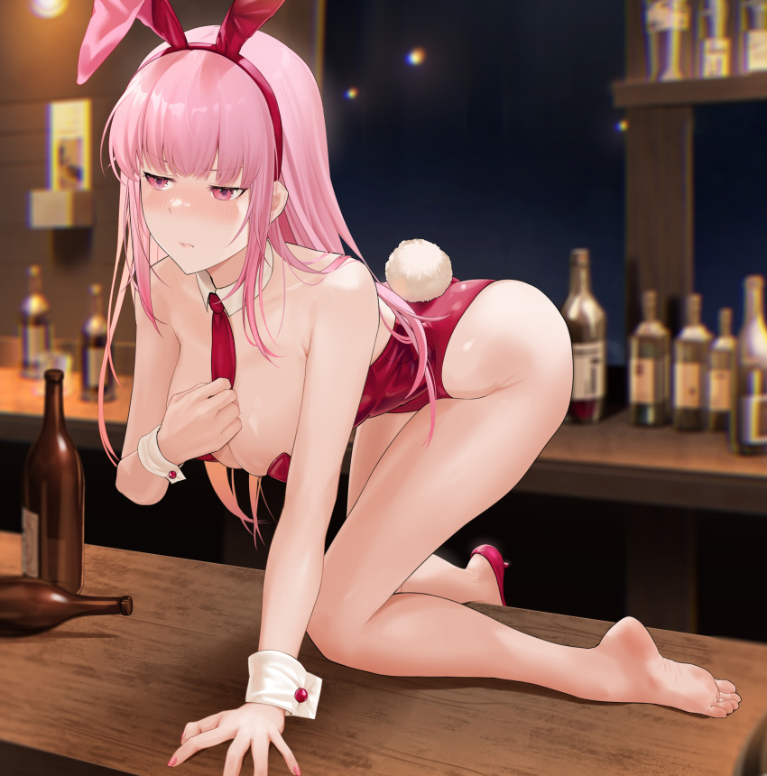 1girl 3: absurdres alcohol animal_ears arm_support bar_(place) bare_shoulders blunt_bangs blurry blurry_background blush bottle breasts chromatic_aberration closed_mouth collar collarbone commentary detached_collar english_commentary fake_animal_ears fake_tail feet fingernails hairband high_heels highres hololive hololive_english indoors kirachamo kneeling large_breasts leaning_forward legs leotard long_hair looking_to_the_side mori_calliope nail_polish necktie pink_eyes pink_hair pink_nails playboy_bunny rabbit_ears rabbit_tail red_hairband red_leotard red_necktie shoes single_barefoot single_shoe soles solo strapless strapless_leotard table tail thighs toes virtual_youtuber white_collar white_wrist_cuffs wine_bottle wooden_table wrist_cuffs