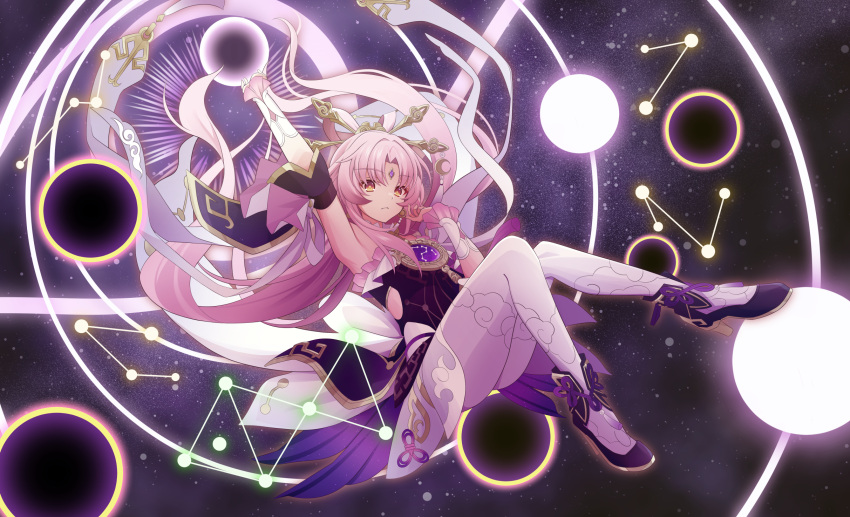 1girl akizawa619 bare_shoulders black_dress breasts constellation detached_collar detached_sleeves dress floating forehead_jewel fu_xuan_(honkai:_star_rail) hair_ornament hair_stick high_heels highres honkai:_star_rail honkai_(series) long_hair looking_at_viewer low_twintails pantyhose parted_bangs pink_hair skirt small_breasts solo twintails white_pantyhose white_skirt yellow_eyes