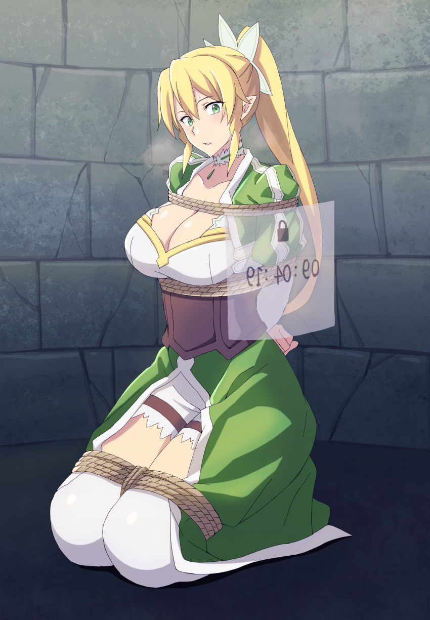 1girl arms_behind_back blonde_hair bound breasts captured cleavage commentary_request elf fairy_(sao) green_eyes hao718 highres holographic_interface kneeling large_breasts leafa pointy_ears ponytail restrained rope shorts sword_art_online thighhighs white_shorts white_thighhighs