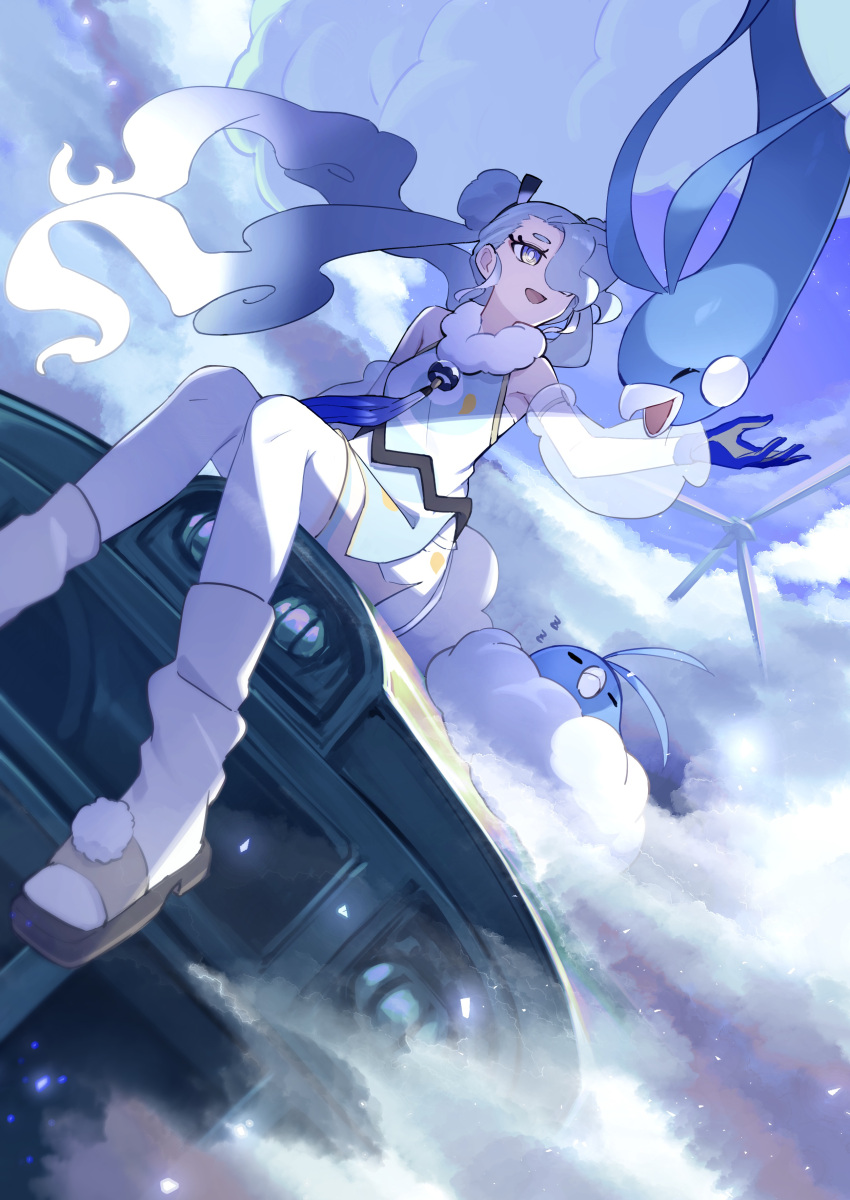 1girl :d absurdres altaria blue_eyes blue_gloves bright_pupils cloud commentary_request day detached_sleeves evolutionary_line eyelashes floating_hair flying_miku_(project_voltage) from_below gloves hair_over_one_eye hair_ribbon hand_up hatsune_miku highres knees loose_socks open_mouth outdoors pokemon pokemon_(creature) project_voltage ribbon see-through see-through_sleeves shoes sitting sky smile socks swablu tamago_sando twintails vocaloid white_pupils white_socks